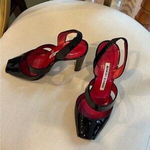 Manolo Blahnik Black and Red Strappy Heels